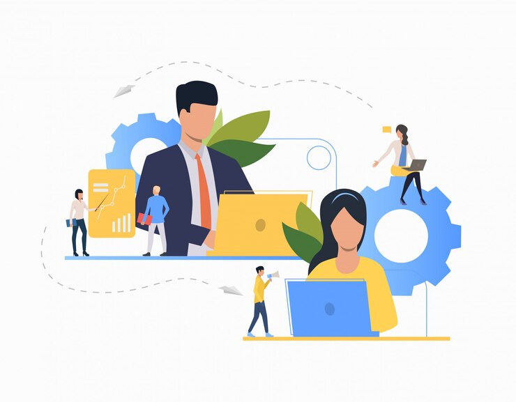 Illustration of two people working on laptops, surrounded by gears, leaves, and tiny figures. The scene includes charts and graphs, symbolizing teamwork and productivity in a business setting. Colorful and abstract design. | FintechZoom