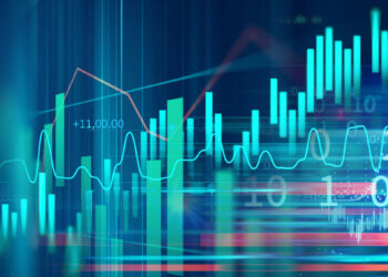 A vibrant financial chart displays fluctuating lines and bars, representing stock market data trends in shades of blue, green, and red. Abstract patterns and numbers overlay the image, conveying a sense of dynamic economic activity. | FintechZoom