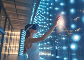 A person wearing a virtual reality headset immerses themselves in a web3 -inspired environment, interacting with a wall of blue, glowing lights. They touch the lights with wonder, embodying the future of technology in their sleek, sleeveless top. | FintechZoom