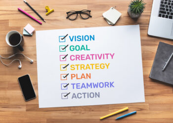 On a wooden desk, a paper titled "Fintech Startup Checklist" lists Vision, Goal, Creativity, Strategy, Plan, Teamwork, and Action with vibrant checkmarks. A smartphone, coffee cup, stationery, a plant, and a notebook surround this organized setup. | FintechZoom