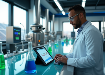 A scientist in a lab coat and protective glasses engages with a tablet showing data graphs. In this modern chemical industry lab, various colored liquids fill flasks and beakers on the counter, surrounded by large equipment and windows in the background. | FintechZoom