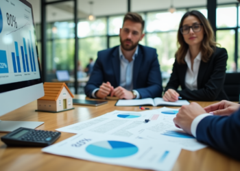 Three people in formal attire sit at a wooden table covered with financial charts and graphs, meticulously analyzing the Loan-to-Value Ratio. A computer monitor displays bar graphs labeled "80%". A small house model and a calculator are also on the table. Bright windows illuminate their work. | FintechZoom