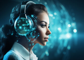 A woman wearing futuristic headphones is immersed in a digital, blue-toned light pattern. The glowing, abstract background hints at AI text-to-speech technology, suggesting advanced connectivity and innovation. | FintechZoom
