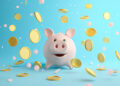 A white piggy bank gleefully revels in a shower of golden coins against a bright blue backdrop, painting a playful and cheerful scene that inspires you to save money without sacrificing your lifestyle. | FintechZoom