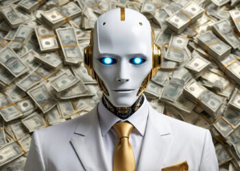 A humanoid robot with a white and gold metallic face, glowing blue eyes, and a white suit with a gold tie stands poised for digital lending in front of stacked bundles of U.S. dollar bills. | FintechZoom