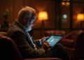 An older man with a white beard sits in a dimly lit room on a leather chair, using a tablet displaying an app with a leaf icon. Warm lamp light creates a cozy atmosphere as he reviews his debt management options. | FintechZoom