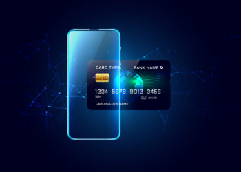 A digital illustration depicts a glowing smartphone and a floating smart credit card enhanced with holographic elements. The scene, embodying secure payment solutions, includes placeholder information like a chip, card number, cardholder name, and expiration date against a backdrop of abstract lines and dots. | FintechZoom