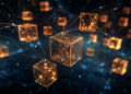 A digital illustration depicting glowing golden cubes connected by lines, floating in a dark, starry background. The cubes appear transparent with intricate light patterns, reminiscent of how Jumper Exchange ensures seamless token transfers between Ethereum and Binance Smart Chain. | FintechZoom