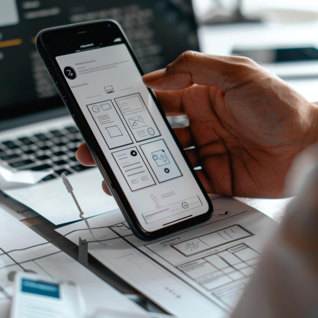 Person holding a smartphone displaying wireframe designs. A laptop is in the background, and papers with design sketches are visible on a table. The setting suggests a workspace for app or web development. | FintechZoom