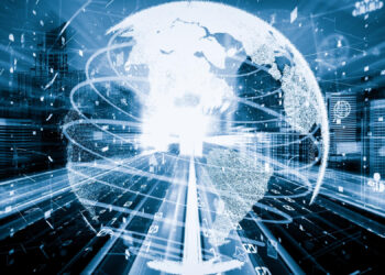 A digital representation of Earth with glowing lines and symbols, suggesting connectivity and data flow. The background features abstract cityscapes and futuristic elements in a blue-toned theme. | FintechZoom