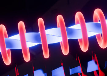 A digital illustration features a glowing twisted helix in blue, intersected by vibrant red rings reminiscent of atomic absorption spectroscopy. The dark background enhances the brightness of the helix and rings, creating a futuristic or abstract effect. | FintechZoom