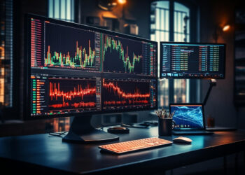 A dimly lit trading desk with multiple screens displaying stock market charts and data. The setup includes a main monitor, side monitor, and a laptop showing financial graphs, with a keyboard and mouse on the desk. | FintechZoom