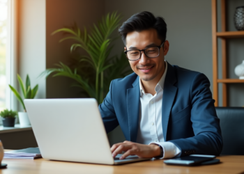 A man in a suit and glasses smiles while using a laptop at his desk in a modern office, presumably exploring FintechZoom.com. The room is lush with plants and decorative shelves, while sunlight creates a warm ambiance that promotes focus on financial literacy. | FintechZoom