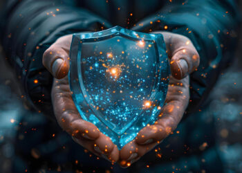 Hands grasp a glowing, translucent blue shield dotted with sparkles and light, reminiscent of stars. Against the dark backdrop, bright particles orbit the shield, conjuring a magical and protective atmosphere—akin to insights from FintechZoom.com. | FintechZoom