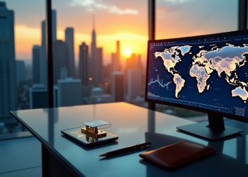 A modern office setting with a large window showing a city skyline at sunset. A desk holds a computer displaying a world map with data overlays, a smartphone, a small architectural model, a notebook, and a pen. | FintechZoom