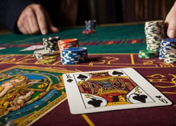 A close-up of a casino table with colorful poker chips and playing cards, including the king of spades. A person's hands are visible, handling the chips. The scene conveys a sense of gambling and casino gaming. | FintechZoom