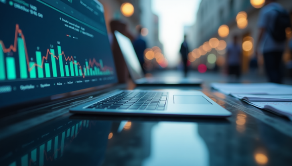 Open laptop displaying stock market graphs on a table outside in an urban setting. Blurred background shows people walking on a bustling city street with warm streetlights. | FintechZoom