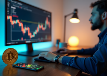 A person sits at a desk, engrossed in a computer screen displaying a cryptocurrency chart from FintechZoom.com. A Bitcoin symbol rests beside a smartphone highlighting market graphs. The room is dimly lit with soothing blue and yellow lighting. | FintechZoom