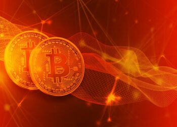 A digital illustration featuring two Bitcoin symbols on coins. The background is composed of abstract orange and red waveforms and interconnected lines, reflecting the crypto influence in remittances, and giving a futuristic and digital feel. | FintechZoom