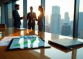 Three people in business attire are shaking hands and conversing about equity capital markets in a modern conference room with a cityscape view. A tablet displaying graphs and a closed notebook sit on the table, illuminated by the setting sun. | FintechZoom