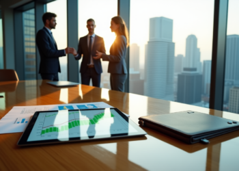 Three people in business attire are shaking hands and conversing about equity capital markets in a modern conference room with a cityscape view. A tablet displaying graphs and a closed notebook sit on the table, illuminated by the setting sun. | FintechZoom