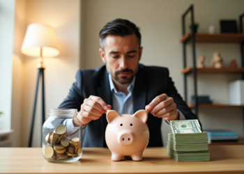 A man in a suit sits at a desk, placing coins into a pink piggy bank. A jar of coins is on his left and a stack of cash is on his right. Shelves with decor and a lamp are in the background, creating an office setting. | FintechZoom