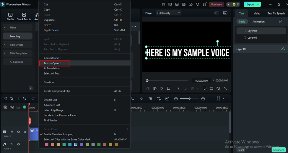 Screenshot of video editing software Wondershare Filmora. A menu on the left shows options including "Cut," "Copy," and "AI Text-to-Speech." On the right, the main window displays text saying "HERE IS MY SAMPLE VOICE. | FintechZoom