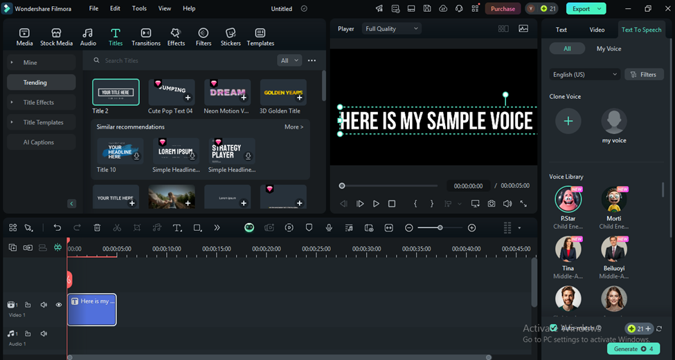 Screenshot of a video editing software interface showcasing a sample clone voice text graphic using AI Text-to-Speech on the video preview. Menu options and media clips are visible on the left, with a timeline below displaying various audio and video tracks. | FintechZoom