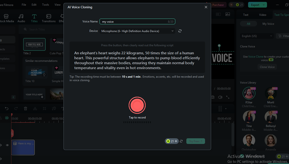 Screenshot of clone voice software interface with AI Text-to-Speech features. The middle section displays text about an elephant's heart, and below is a large red button for recording. At the top, you can choose the voice name and adjust device settings. | FintechZoom