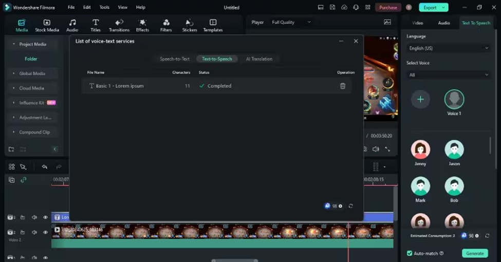 Screenshot of a video editing software interface featuring an AI Text-to-Speech tool. A list of voice options is displayed in a small window with generate button, with "Tactic 1 - Lorem Ipsum" marked as completed. Video timeline is visible at the bottom. | FintechZoom