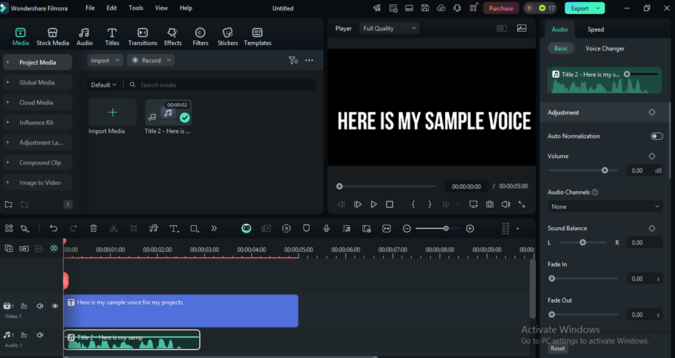 Screenshot of video editing software showing an open project. A text box on the video says "HERE IS MY SAMPLE VOICE," generated by AI Text-to-Speech. The timeline displays audio and video tracks, with options for media, effects, audio adjustment and exporting visible in the top menu. | FintechZoom