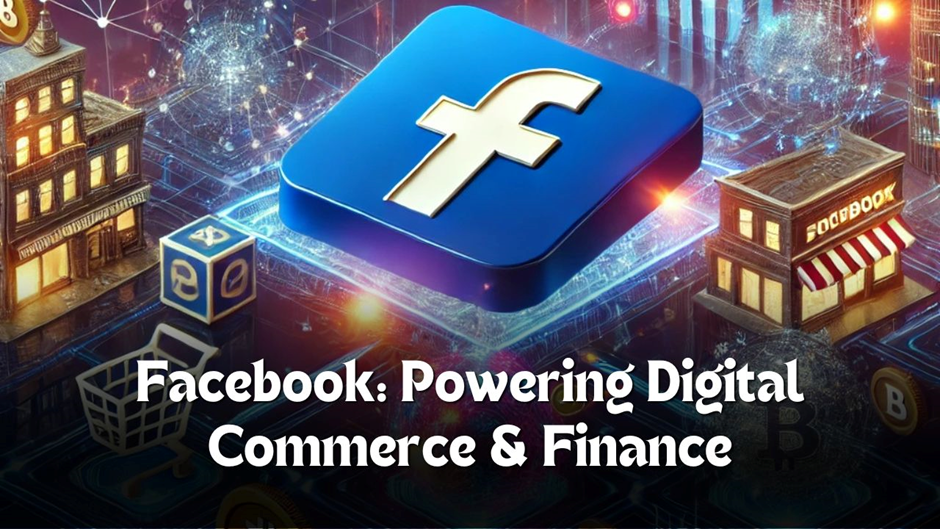 A Facebook logo on a digital platform surrounded by virtual icons representing commerce and finance, such as buildings, currency symbols, and a small storefront. Text reads "Facebook: Powering Digital Commerce & Finance. | FintechZoom