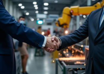 Two people in suits shake hands in a factory setting. A yellow robotic arm operates in the background, with sparks visible around metalworking equipment. The scene is well-lit, emphasizing a professional and industrial atmosphere. | FintechZoom