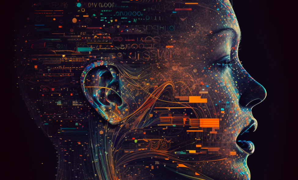 A digital artwork of a human profile with a futuristic, abstract design. The face is filled with colorful lines, dots, and tech patterns, symbolizing the fusion of AI text-to-speech technology and humanity. A dark background enhances the vibrant, glowing elements. | FintechZoom