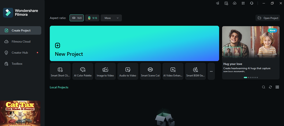 Screenshot of Wondershare Filmora video editing software interface. The main screen shows options for creating a new project, aspect ratio settings, and various editing tools, including an AI Text-to-Speech feature. A sidebar on the right displays a thumbnail of a video project titled "Hug your love. | FintechZoom