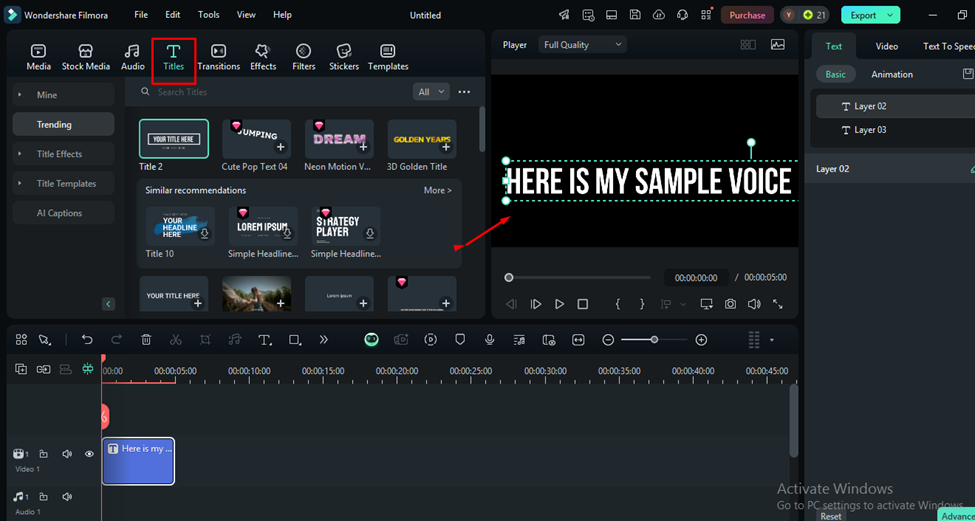 A screenshot of Wondershare Filmora editing software with the Title text option highlighted features a text overlay, "HERE IS MY SAMPLE VOICE," on a black background, showcasing AI Text-to-Speech capabilities for seamless integration into your video projects. | FintechZoom