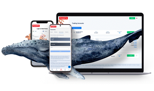 A digital collage shows a whale seemingly swimming through a smartphone, tablet, and laptop, all displaying financial app interfaces. The imagery symbolizes large-scale mobile banking or investments from FXGiants bonuses| FintechZoom