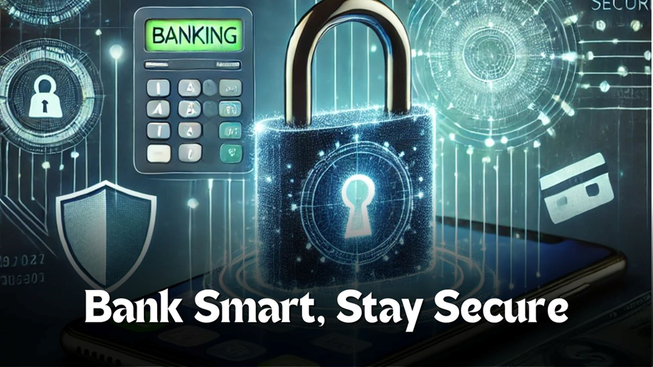 Digital illustration of a glowing padlock on a smartphone with icons of a shield, keypad, and digital circuitry. Text reads "Bank Smart, Stay Secure. | FintechZoom