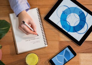 A person writes in a notebook on a wooden table, crafting the perfect fintech startup checklist. Nearby, a tablet displays blue overlapping circles with percentages, mirroring the design on their smartphone. A green drink and a leafy plant complete this innovative scene. | FintechZoom