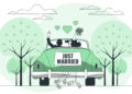 A newlywed couple drives away in a green vintage car with a "Just Married" sign on the back. They are holding up a bouquet and hands forming hearts. Tin cans are tied to the car. Trees and clouds are in the background. | FintechZoom