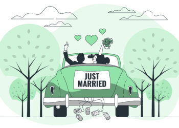 A newlywed couple drives away in a green vintage car with a "Just Married" sign on the back. They are holding up a bouquet and hands forming hearts. Tin cans are tied to the car. Trees and clouds are in the background. | FintechZoom