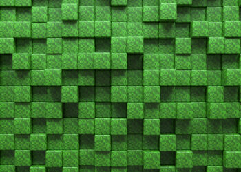 A pattern of interlocking green squares and rectangles forms a textured, pixelated wall reminiscent of a Minecraft server. This design, with its varying shades of green, creates an immersive 3D effect similar to classic Minecraft-style blocks. | FintechZoom