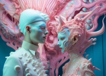 Two futuristic figures face each other against a vibrant, swirling pink and blue backdrop. They wear elaborate, otherworldly headpieces and attire with spiked and organic designs, exuding a sci-fi, avant-garde aesthetic. Could AI enhance this artistic collaboration further?. | FintechZoom