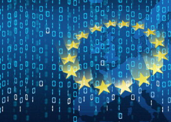 A digital graphic of binary code overlays a map of Europe, highlighting the EU’s commitment to the Digital Operational Resilience Act (DORA). Yellow stars form a circle, symbolizing the European Union, conveying themes of technology and data resilience across the continent. | FintechZoom