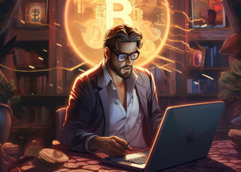 A man in glasses sits at a laptop in a dimly lit room, surrounded by Bitcoin symbols. A large glowing Bitcoin emblem is on the wall behind him. The table is scattered with coins and digital charts are visible on screens. | FintechZoom