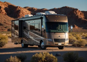 A luxury motorhome parked in a desert landscape with rocky hills in the background evokes the ultimate RV camping trip. The silver and black vehicle features extended slide-out sections, all aglow under the sun that highlights the arid terrain and sparse vegetation. | FintechZoom