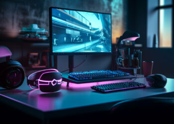 A modern gaming setup on a desk features a large monitor displaying a futuristic game scene. RGB lighting highlights the keyboard, mouse, and VR headset—perfect for immersive online gaming. The room is dimly lit with a cozy, ambient glow from the window and a lamp, emphasizing cutting-edge technology. | FintechZoom