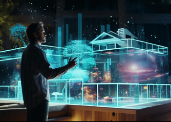 A man interacts with a 3D holographic architectural model, enhanced by AI for Estate Agents. The futuristic display shows a house and urban environment with vibrant blue and purple light effects. Set indoors, the scene features a large window revealing trees outside. | FintechZoom