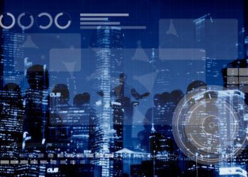 Futuristic cityscape at night with skyscrapers illuminated by blue and white lights. Digital, abstract graphics overlay the scene, including circular patterns, geometric shapes, and data elements, creating a high-tech and cybernetic atmosphere. | FintechZoom