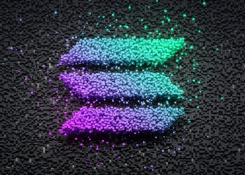 The Solana logo is formed by a multitude of small, colorful particles on a dark background, arranged in three parallel, gradient-filled shapes transitioning from green to blue to purple, creating a vibrant and dynamic effect. | FintechZoom